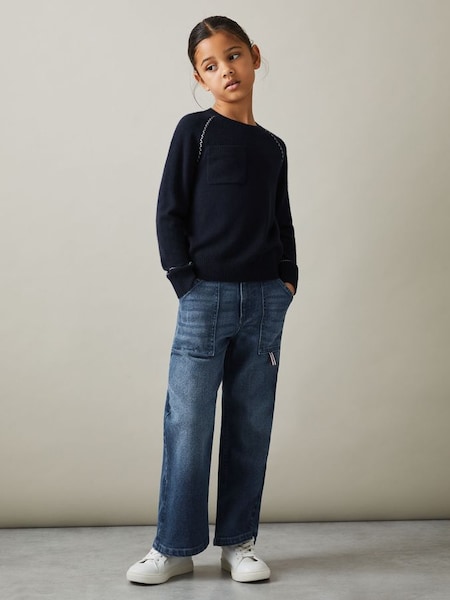 Junior Contrast Stitch Wool Blend Crew Neck Jumper in Navy (E27145) | £40