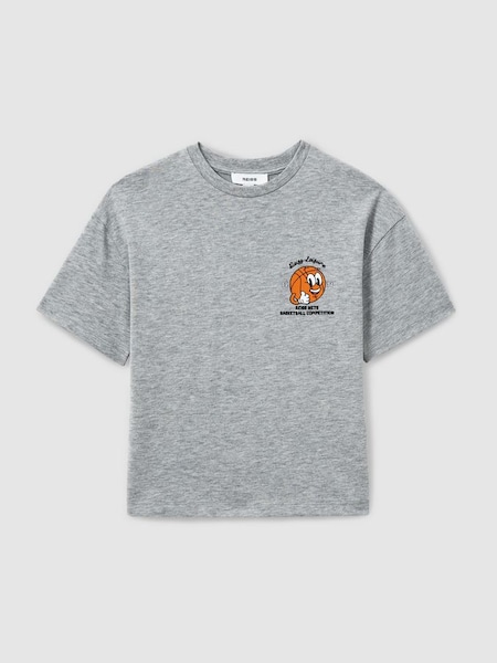 Teen Oversized Cotton Basketball Motif Crew Neck T-Shirt in Grey Melange (E42814) | £28