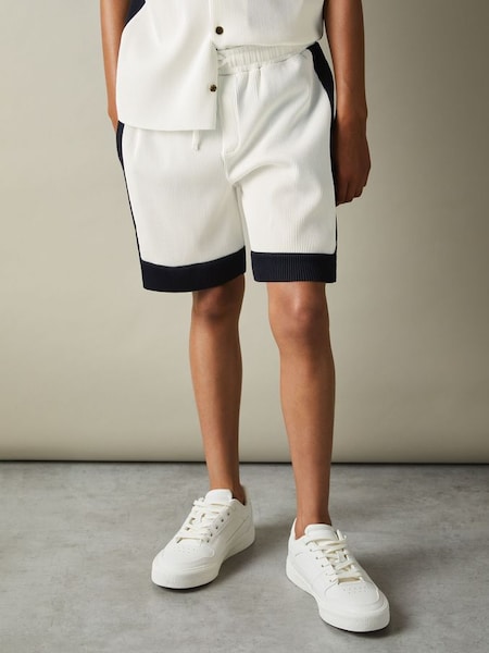 Pico Optic White/Navy Colourblock Plisse Drawstring Shorts (E45236) | £32