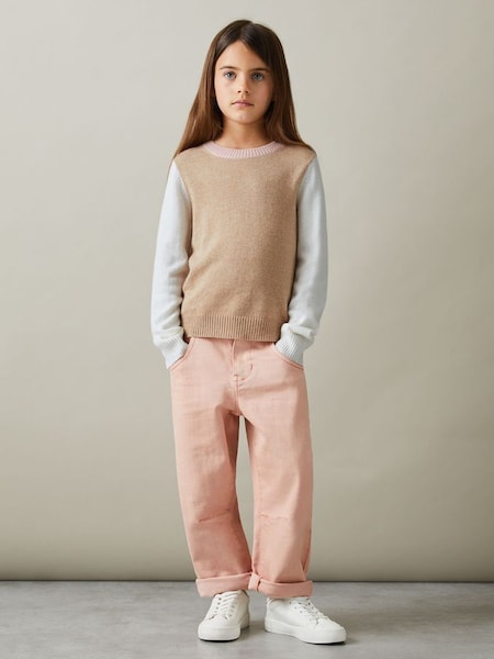 Junior Wool Blend Striped Crew Neck Jumper in Camel (E54513) | £35