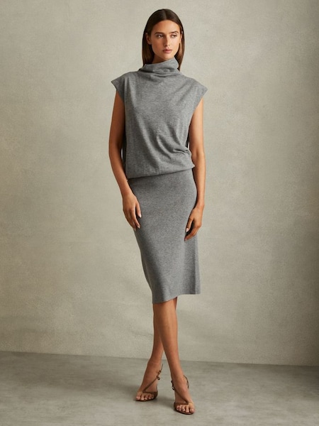 Knitted Wool-Cashmere Blouson Top Midi Dress in Grey (E61248) | £198