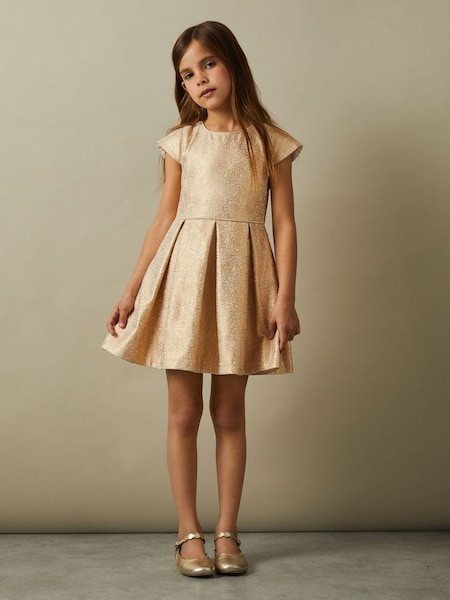 Junior Metallic Pleated Cap Sleeve Dress in Gold (E63078) | £60