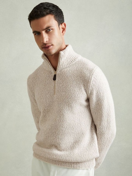 Marled Cotton and Wool Funnel Neck Jumper in Oatmeal/White (E67141) | £138