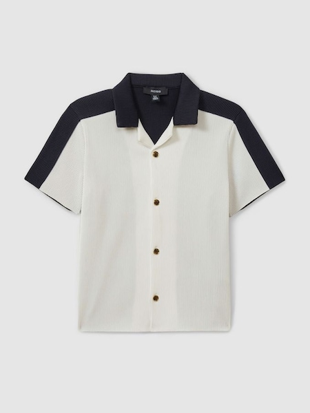 Teen Colourblock Plisse Cuban Collar Shirt in Optic White/Navy (E67166) | £38