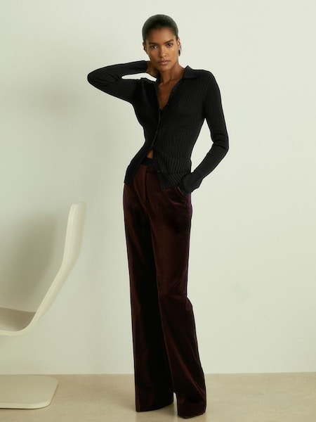 Petite Cotton Velvet Flared Trousers in Burgundy (E70187) | £178