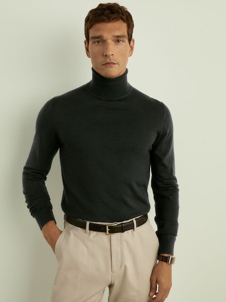 Merino Roll Neck Jumper in Dark Military Green (E93704) | £98