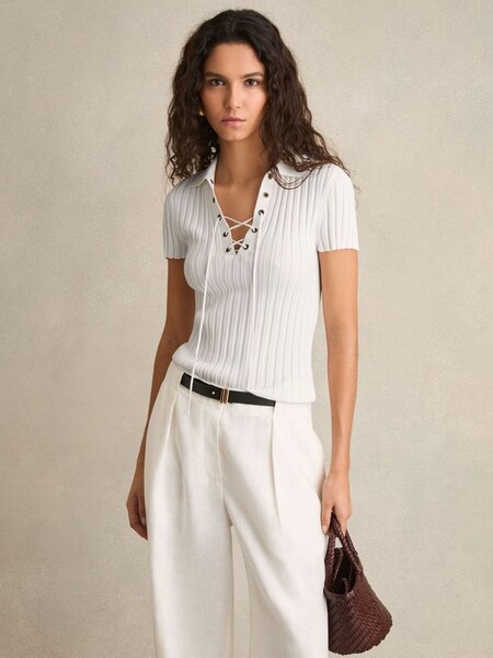 Lace Up Rib Knit Top in Ivory (F09539) | £110
