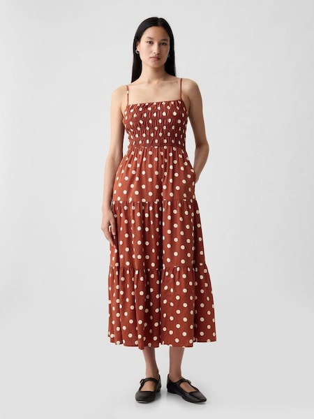 Brown Cotton Smocked Tiered Midi Dress (H45977) | £60