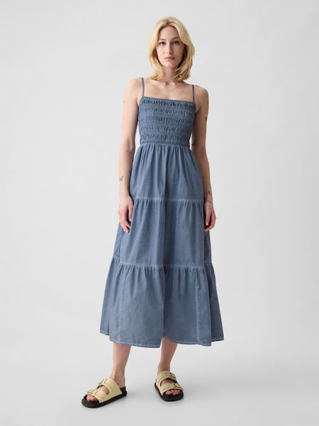 Blue Cotton Smocked Tiered Midi Dress (H46388) | £60