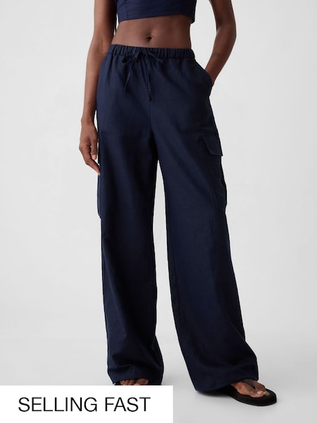 Blue Linen Cotton Blend Cargo Trousers (H50318) | £55