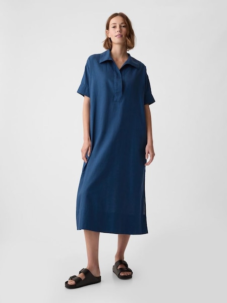 Blue Linen-Cotton Short Sleeve Maxi Dress (H62658) | £65