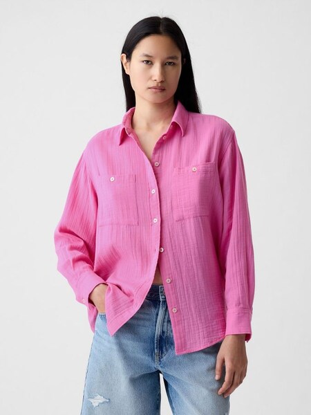 Pink Crinkle Cotton Long Sleeve Big Shirt (H67922) | £35