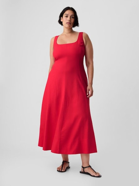 Red Linen Blend Square Neck Midi Dress (H75268) | £65