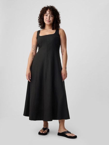 Black Linen Blend Square Neck Midi Dress (H75737) | £65