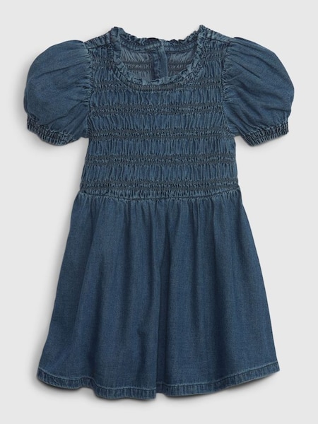 Blue Puff Sleeve Smocked Denim Dress with Washwell (K00635) | £25