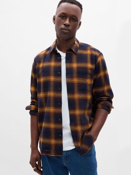Navy & Yellow Check Long Sleeve Shirt in Standard Fit (K00996) | £40