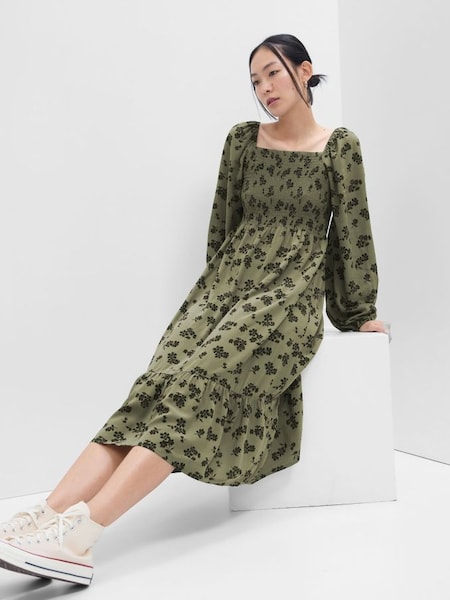 Green Print Square Neck Midi Dress (K01905) | £60