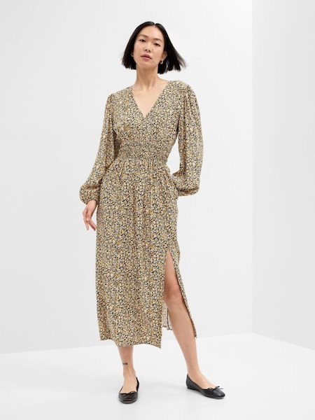 Brown Smocked V-Neck Long Sleeve Maxi Dress (K01906) | £55