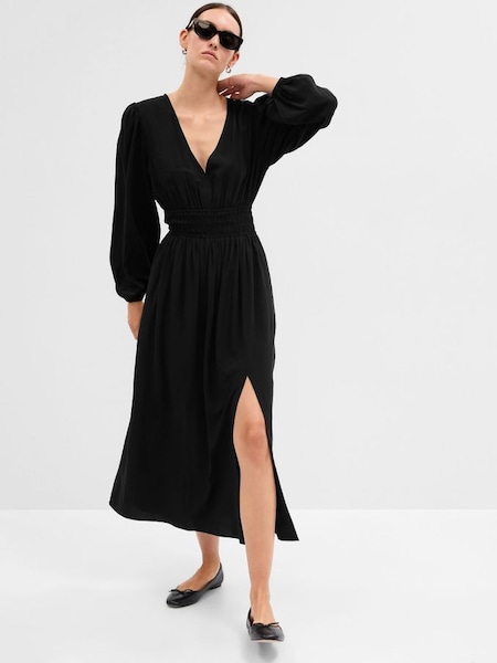 Black Smocked V-Neck Long Sleeve Maxi Dress (K01907) | £55