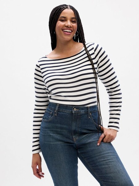 White Stripe Boat Neck Long Sleeve T-Shirt (K02081) | £18