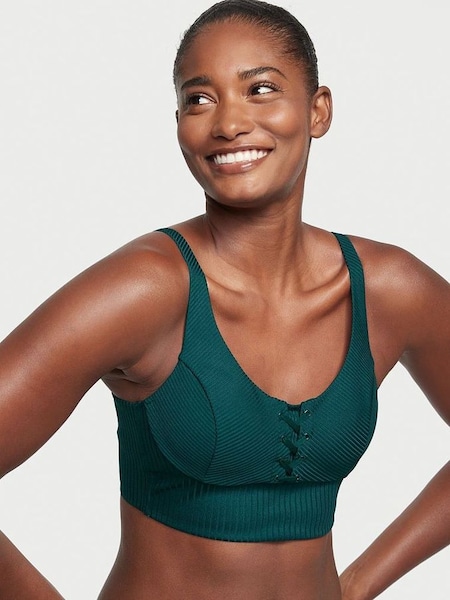 Black Ivy Green Lace Up Ribbed Low Impact Sports Bra (K04952) | £19