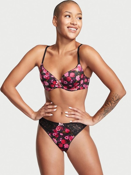 Black And Pink Rosey Floral Smooth Lightly Lined Demi Bra (K06439) | £19