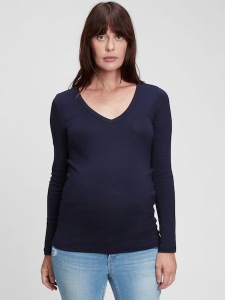 Navy Blue Maternity Modern Long Sleve V-Neck T-Shirt (K12416) | £25