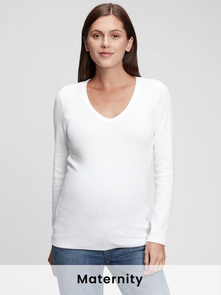 White Maternity Modern Long Sleve V-Neck T-Shirt (K12419) | £25
