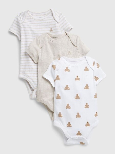 White & Beige 3 Pack Short Sleeve Baby Bodysuits (K13945) | £20