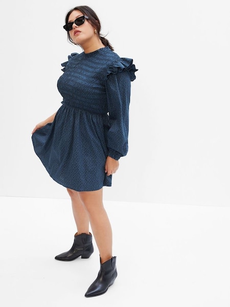 Blue Smocked Ruffle Long Sleeve Mini Dress (K14916) | £55