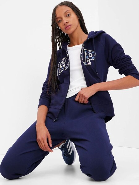 Navy Blue Floral Stictch Detail Logo Zip Up Hoodie (K15220) | £45