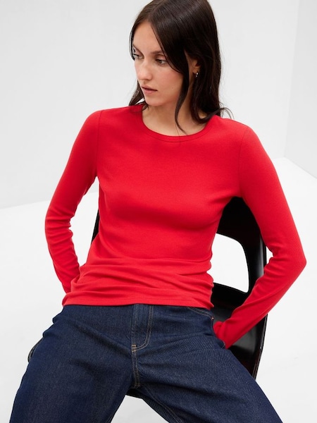 Bright Red Ribbed Crew Neck Long Sleeve T-Shirt (K18504) | £18