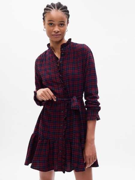 Berry Red Tiered Ruffle Long Sleeve Check Mini Dress (K18623) | £60