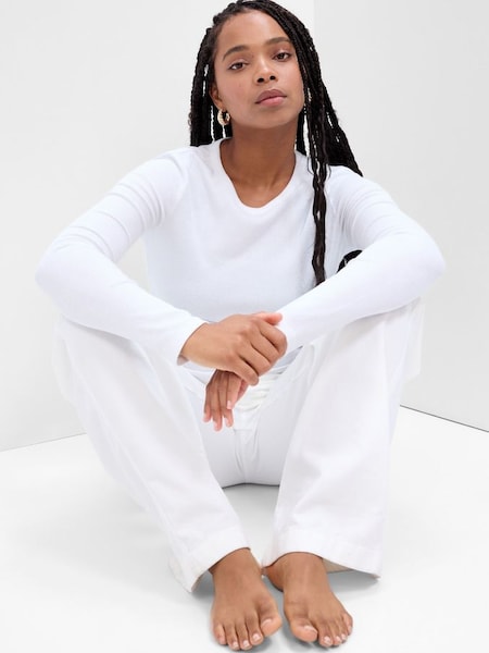 Pure White Ribbed Crew Neck Long Sleeve T-Shirt (K21117) | £18