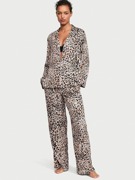 Wavy Leopard Brown Satin Long Pyjamas (K23482) | £69