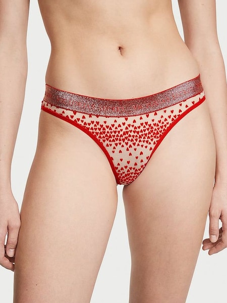 Lipstick Flocked Hearts Red Thong Logo Cotton Knickers (K24717) | £9