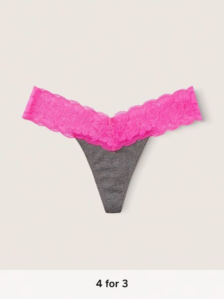 Heather Anthracite with Atomic Pink Band Grey Thong Lace Trim Knickers (K25645) | £9