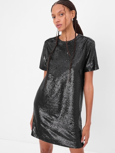 Black Sequin Short Sleeve T-Shirt Mini Dress (K27280) | £60