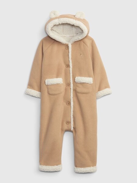 Brown Sherpa Lined Button-Up Baby Pramsuit (K27375) | £30