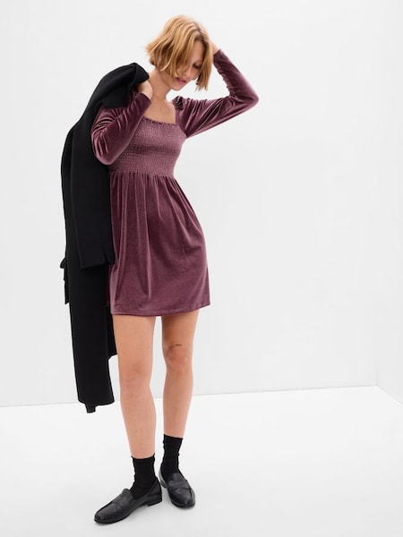 Purple Smocked Velvet Long Sleeve Mini Dress (K27501) | £45