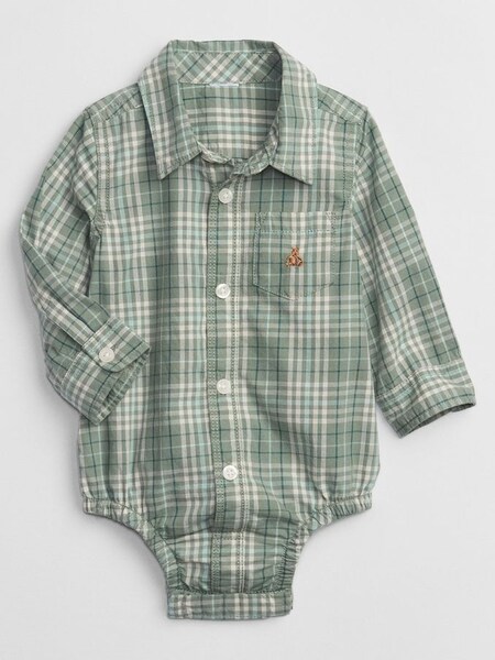 Green Brannan Bear Pocket Long Sleeve Poplin Shirt Baby Bodysuit (K30476) | £10