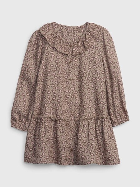 Beige Floral Ruffle Tiered Round Neck Long Sleeve Dress (K30531) | £25