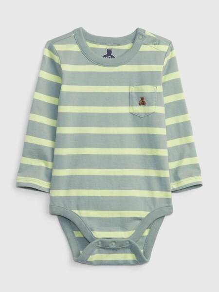 Grey & Yellow Brannan Bear Pocket Stripe Long Sleeve Baby Bodysuit (K30546) | £8