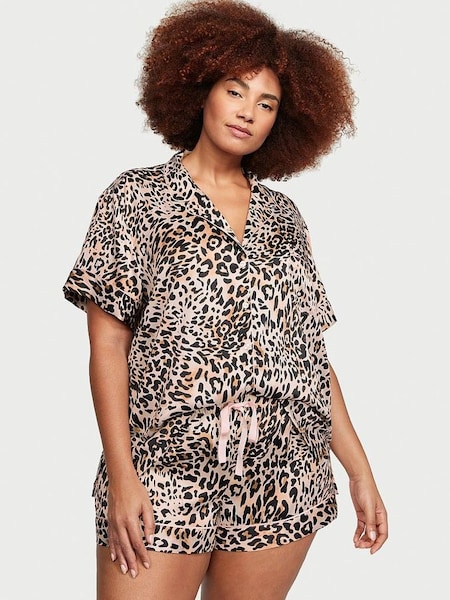 Wavy Leopard Brown Satin Short Pyjamas (K31632) | £65