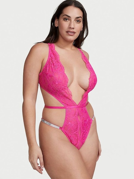 Fuschia Frenzy Pink Shine Strap Lace Crotchless Bodysuit (K34851) | £69