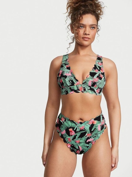 Tropical Palm Halter Scallop Plunge Bikini Top (K35153) | £19