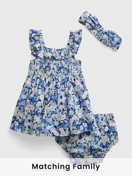 Blue Floral Ruffle Sleeveless Skater Dress, Brief & Headband Set - Baby (K40536) | £19