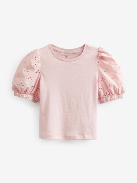 Pink Broderie Puff Sleeve T-Shirt (K42111) | £9