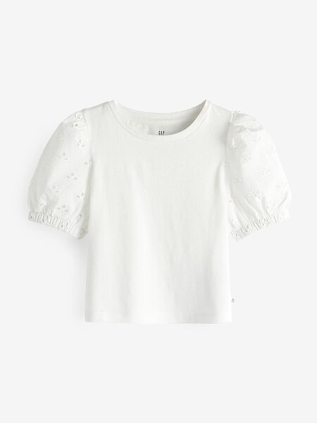 White Broderie Puff Sleeve T-Shirt (K42113) | £9