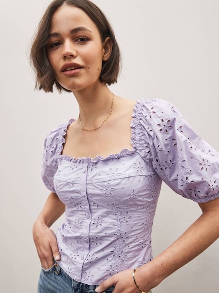 Purple Broderie Square Neck Puff Sleeve Blouse (K42212) | £18